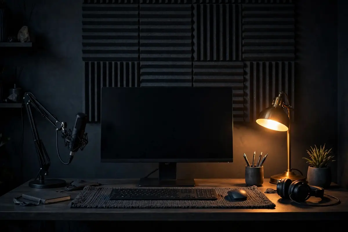 Dunkler Home-Office-Arbeitsplatz mit Akustikpaneelen und warmem Lampenlicht